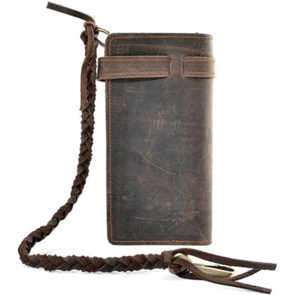 Mens Wallet with Chain Leather Long Bifold Trucker Wallet Vintage Biker Money